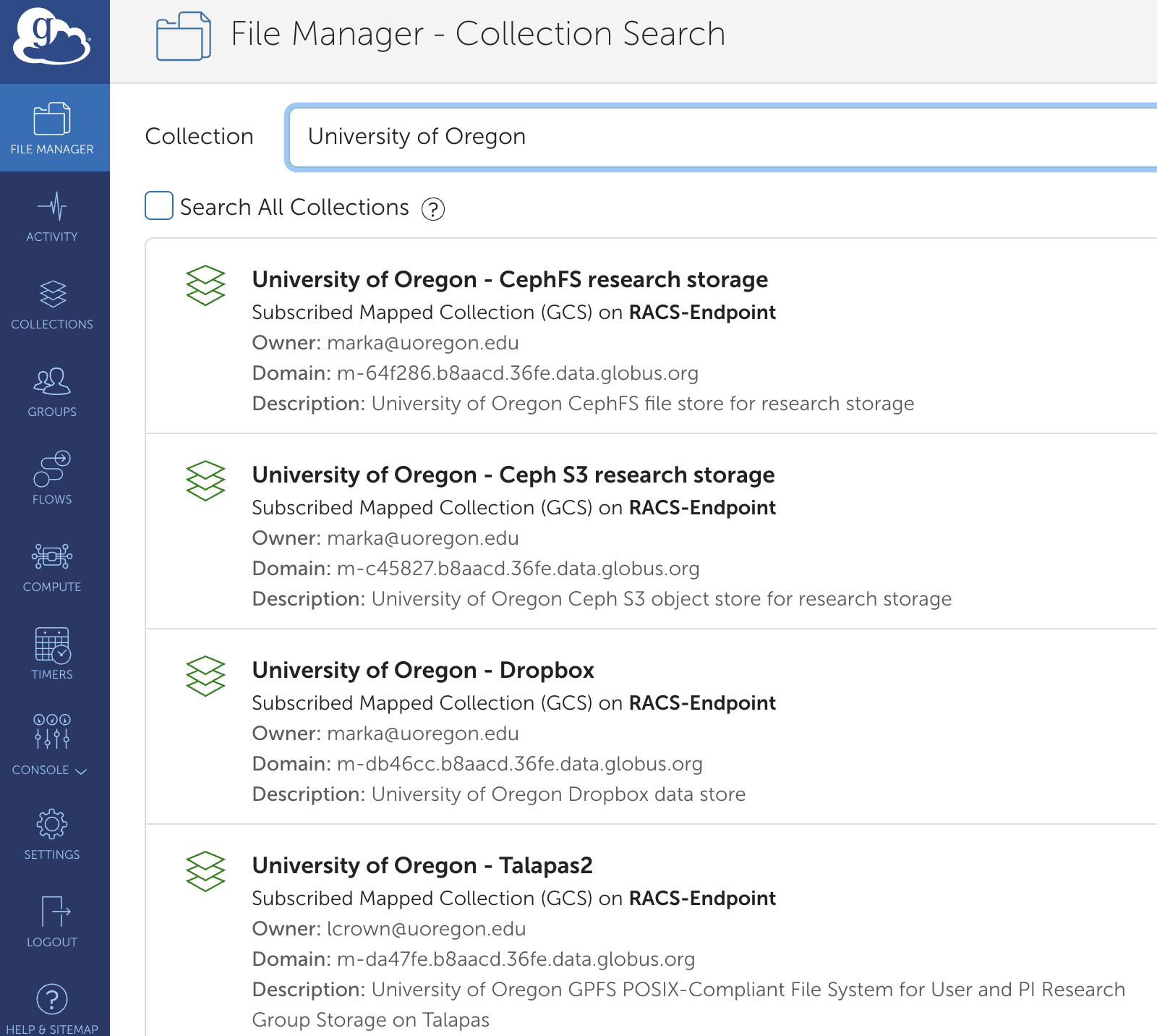 Globus File Manager Collections